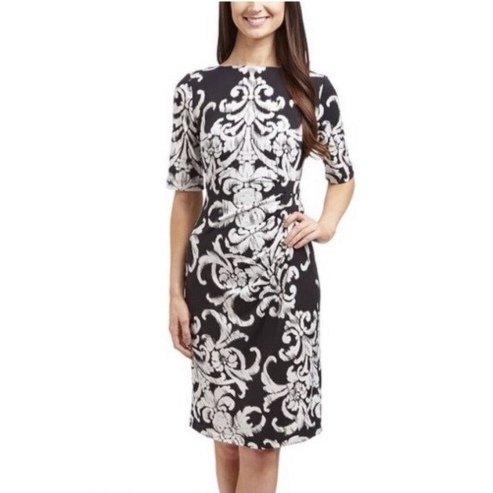 Connected Dress 12 Brown Cream Short Sleeve Stretch Sheath Washable New